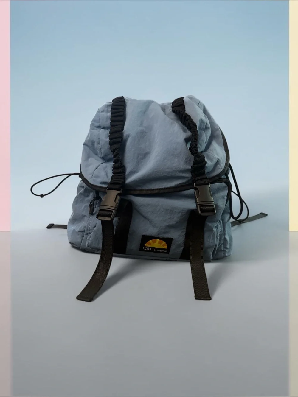 C&C California Dusty Blue Drawstring Backpack with Black Straps Travel Bag Women